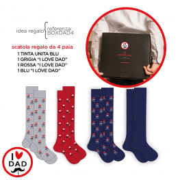 CONFEZIONE REGALO con 4 paia di calze lunghe, 1 blu + 3  a tema "I Love DAD" 